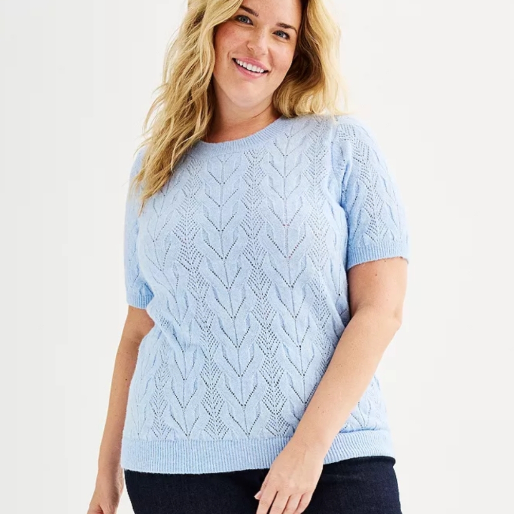 Croft & Barrow light blue short sleeve pointelle pullover sweater